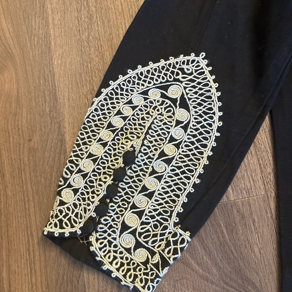 vintage 1970's Black Maxi Dress with White embroidered Trim, large - Picture 7 of 9